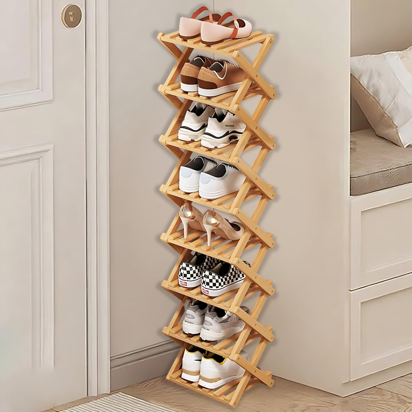 Kiss Me 8-Tier Bamboo Foldable Shoe Rack Vertical Narrow