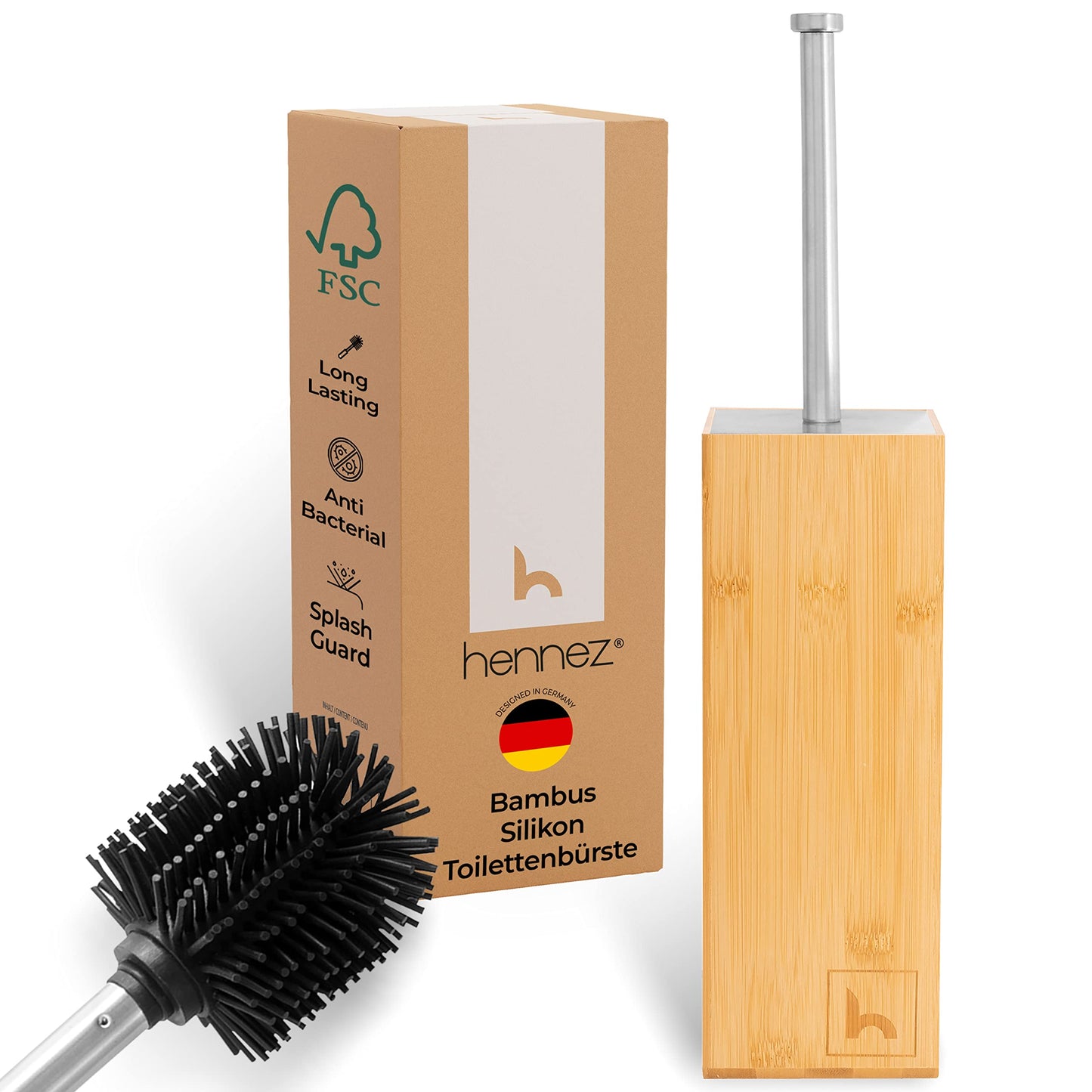 HENNEZ Silicone Toilet Brush with Bamboo Brush Holder