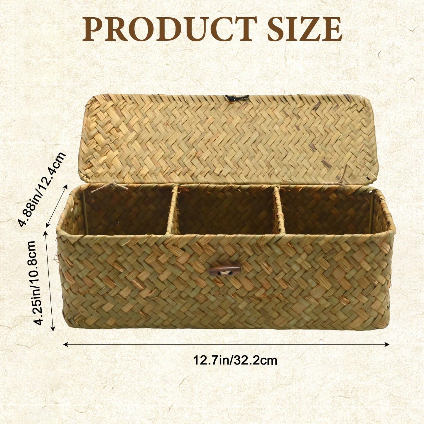 Ollanoos Seagrass Storage Basket with Lid, Rectangular Woven Organizer with 3 Compartments, Ideal for Snacks Toys and Bathroom Essentials