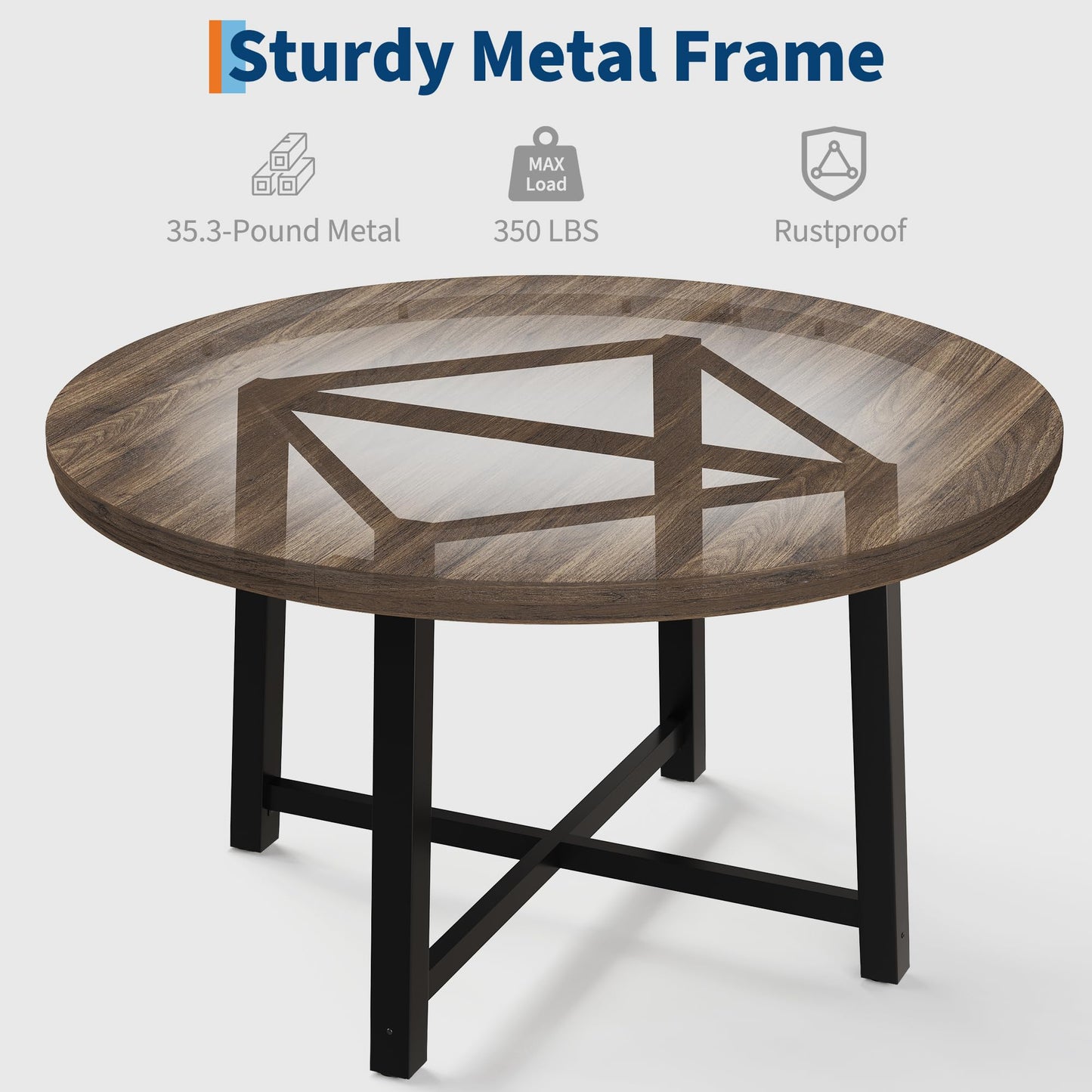 47 in Round Dining Table, Industrial Dinner Table for 4 to 6, Wooden Kitchen Table with Sturdy Metal Frame & Rustic Light Oak Finish