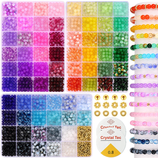 Funtopia 6mm Glass Beads for Bracelets Making, 2700pcs 70 Colors Crackle Glass Beads for Jewellery Making, Funtopia Round Jade Crystal Gemstone Bead
