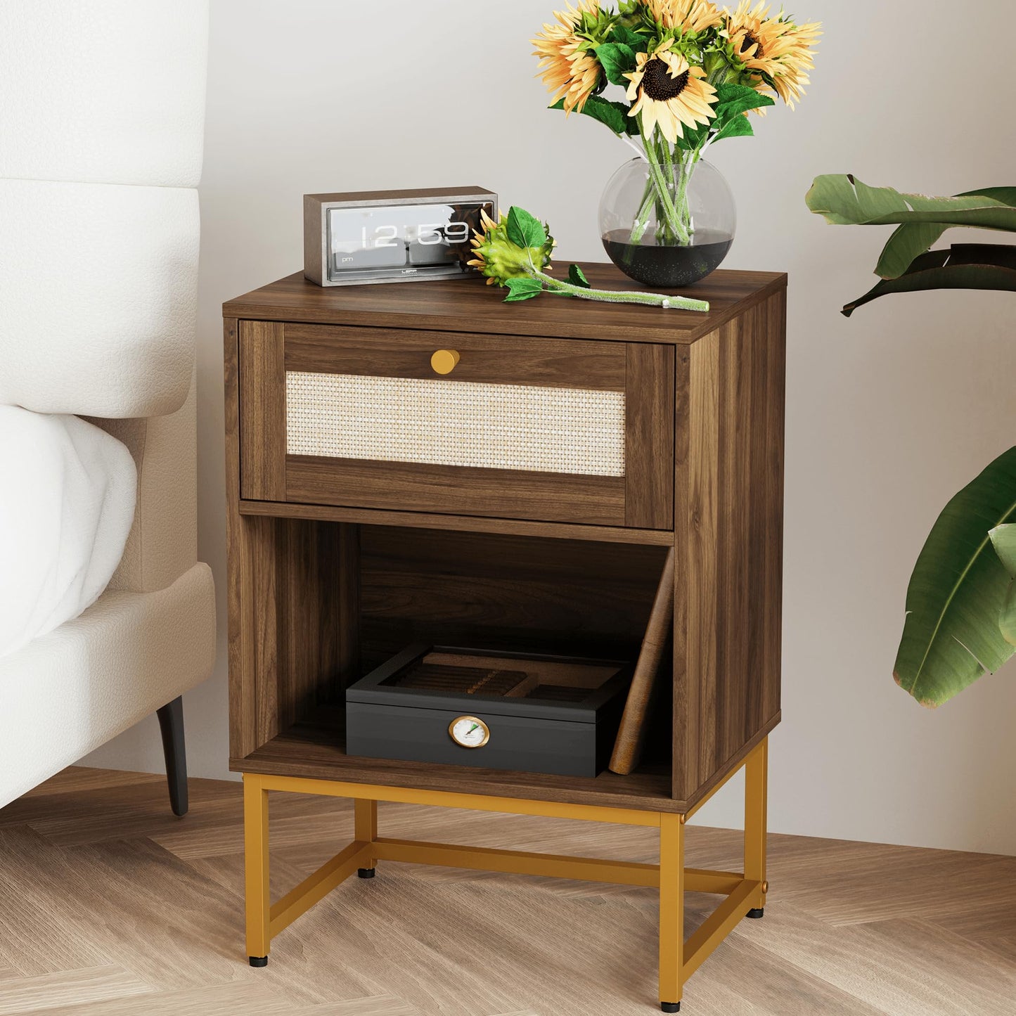 JERX Rattan Bedside Table, Farmhouse Wood Nightstand with Storage Drawer and Open Shelf Small Bedside Cabinet for Bedroom,Living Room,Office Walnut
