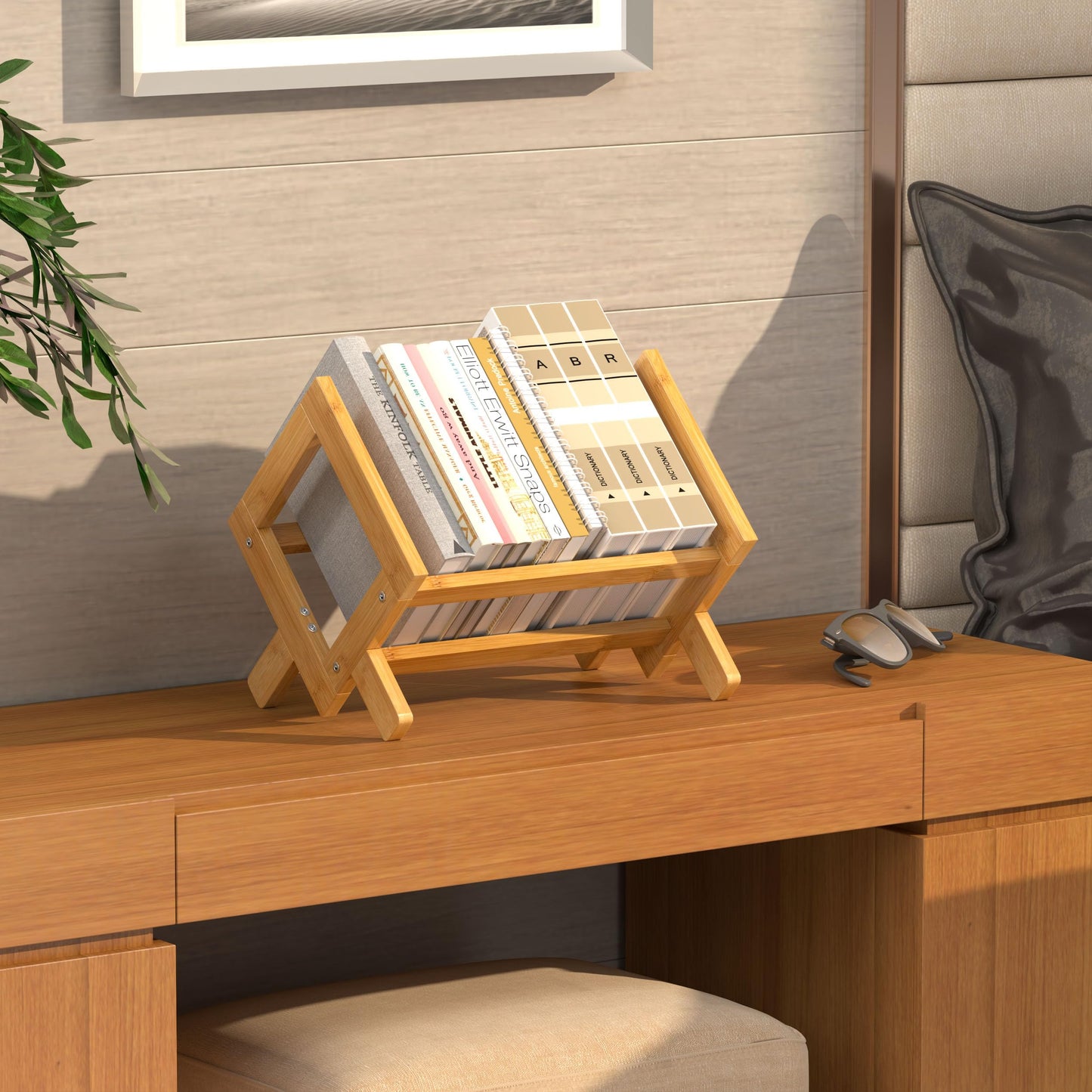FEXPLENDID Desk Organiser Bamboo, Children's Bookcase, 35 x 24.5 x 21 cm, Desk Attachment, Wooden Desk Organiser, Desk Top Shelf, Mini Shelf
