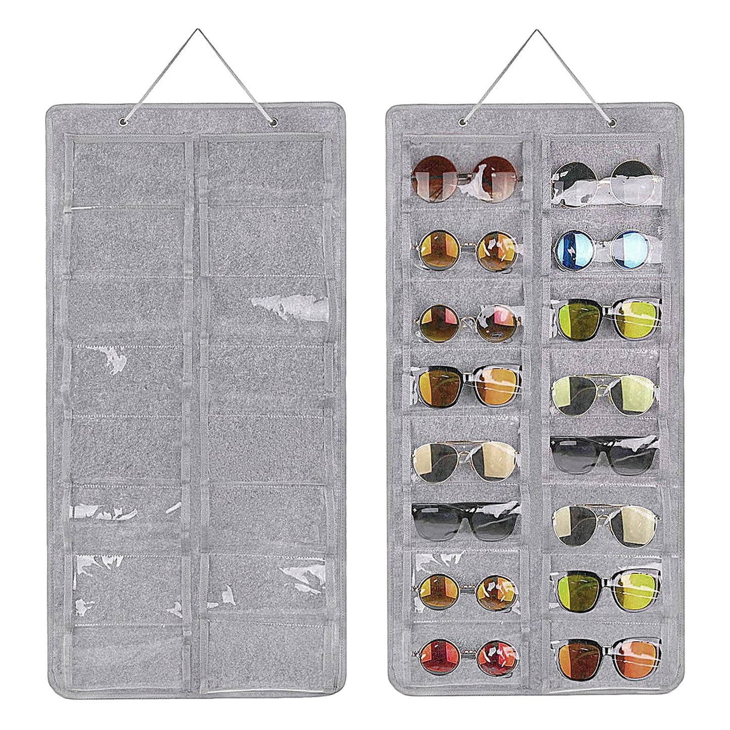 Yunyige Sunglasses Organiser Hanging,Hanging Glasses Storage,Sunglasses Organiser Wall Felt with 16 Pockets for Glasses Storage and Display (Grey)