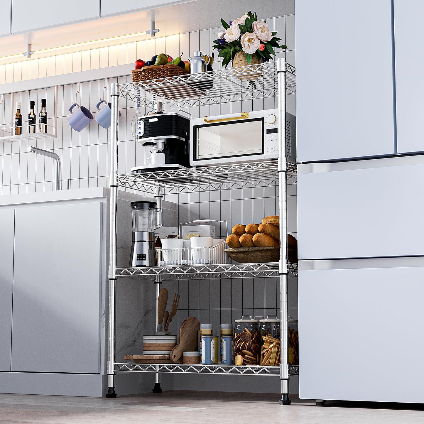 M MZG Height Adjustable Shelves,Heavy Duty Wire Pantry Shelving for Tool Sheds, Garage, and Storehouse,Metal,Chrome,4 tier,35 x 75 x 120 cm