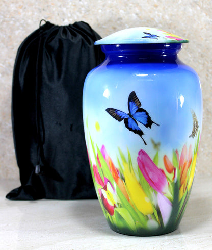 ESPLANADE Metal Cremation Urn Memorial Jar Pot Container | Full Size Urn for Funeral Ashes Burial | Butterfly with Flowers Print | Blue - 10" Inches