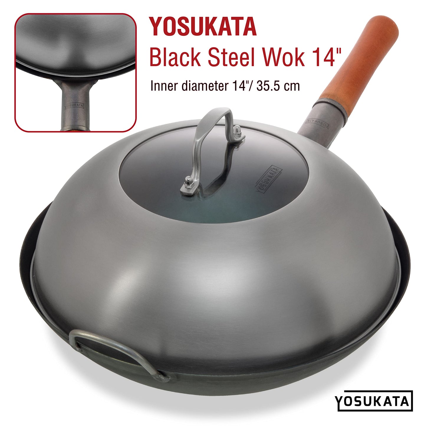 YOSUKATA Wok Lid 34.5 cm for 36 cm Wok - Premium Stainless Pan Cover - Tempered Glass Insert Steam Holes - Ergonomic Handle - Durable Asian