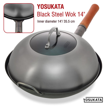 YOSUKATA Wok Lid 34.5 cm for 36 cm Wok - Premium Stainless Pan Cover - Tempered Glass Insert Steam Holes - Ergonomic Handle - Durable Asian