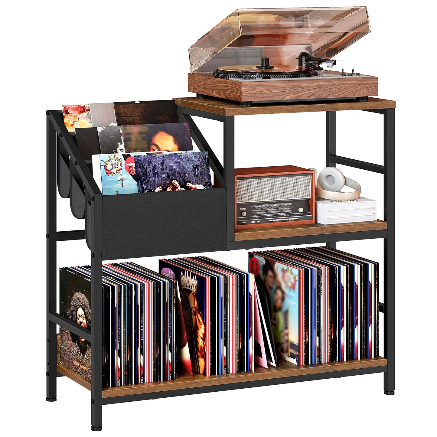 HOOBRO Record Player Stand, Vinyl Record Storage up to 240 Records, Turntable Stand with 3 Oxford Fabric Pockets, for Living Room, Study