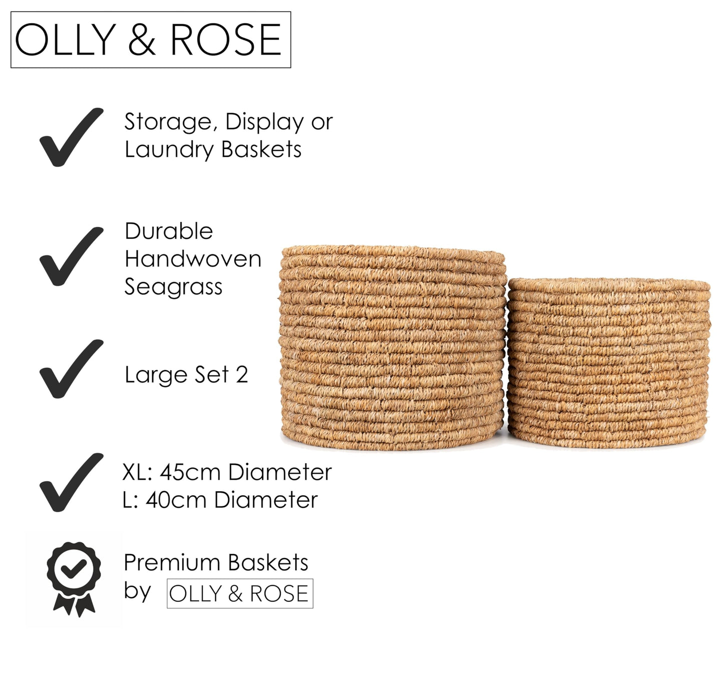 Olly & Rose Large Storage and Laundry Baskets - Set 2 45cm and 40cm Diameter - Ringed Finish - Seagrass Wicker Basket Premium Home Decor