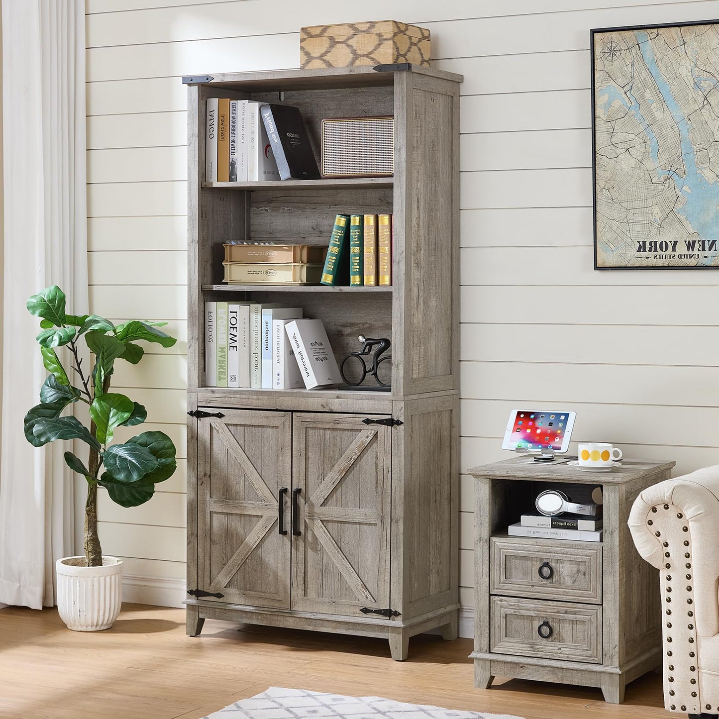 LELELINKY 70in Tall Bookshelf 5 Tier Bookcase with Barn Doors and Adjustable Shelves, Oak Farmhouse Book Shelf with Storage Cabinet