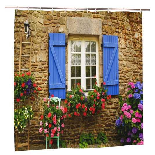YUAOEUR 3D Garden Shower Curtain 79X72 Inch Blue Wooden Window Stone Wall and Flowers Plants Scenery Bathroom Decoration Curtains with Hook