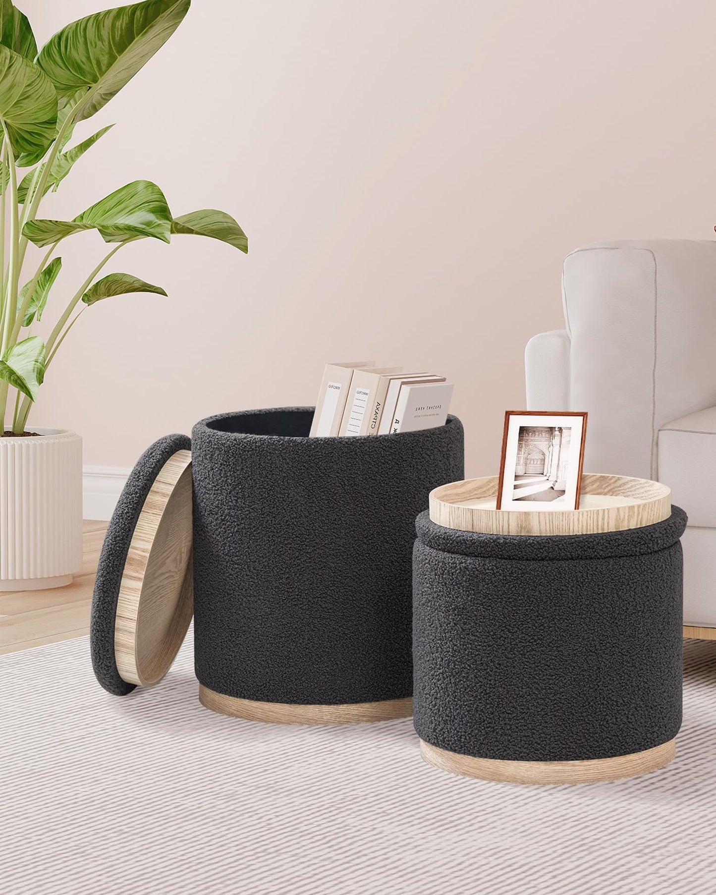 Bonlife Set of 2 Round Ottoman with Tray, Vanity Stool with Storage