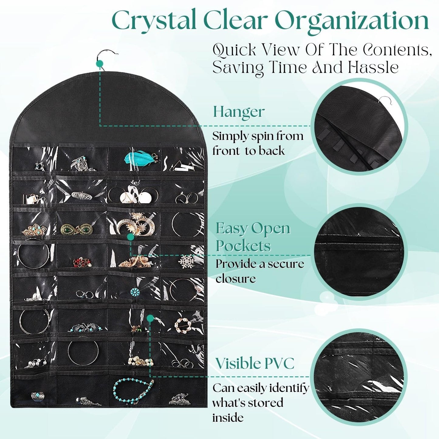 Flexzion Hanging Jewelry Organizer – (1 Pack) Black 32 Clear Pockets & 18 Hooks & Loops