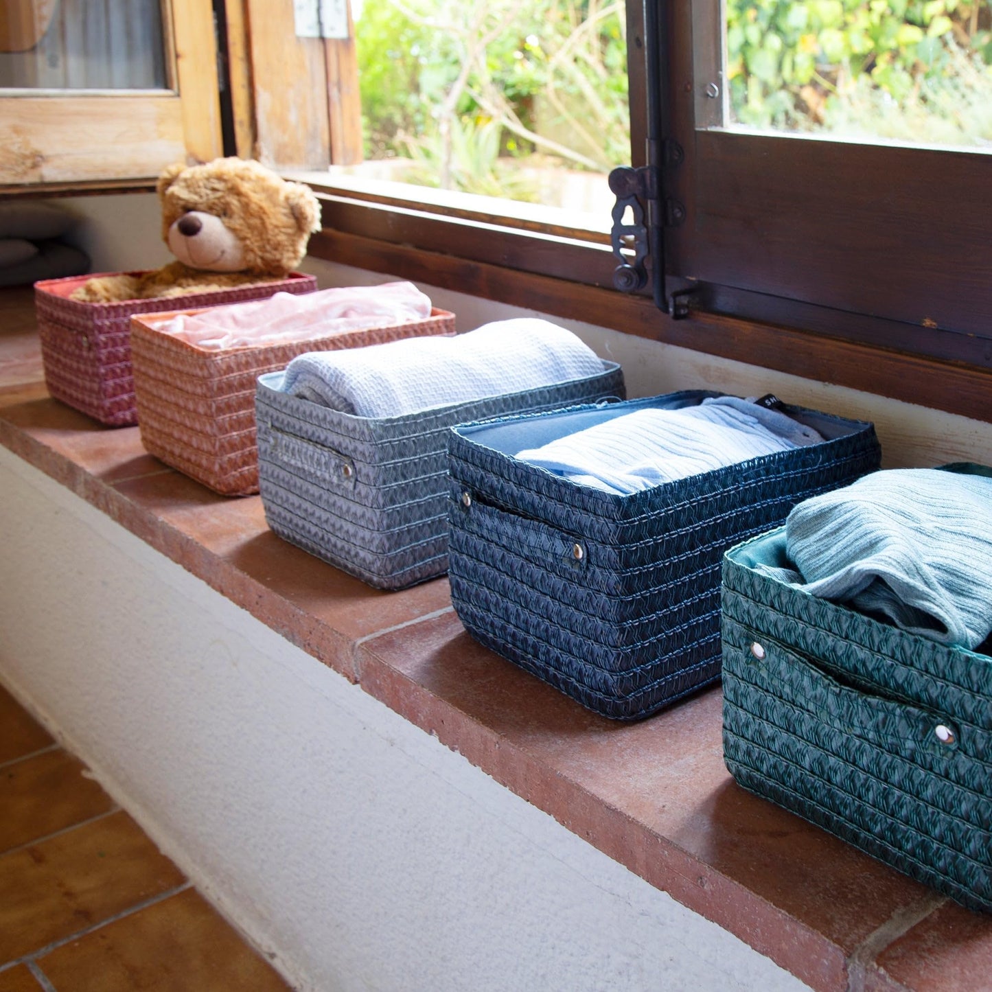 Compactor Rectangle Storage Basket with Pull Handle, Woven Storage Box Reinforced with Cardboard, For Cupboard, Desk and Shelf Storage