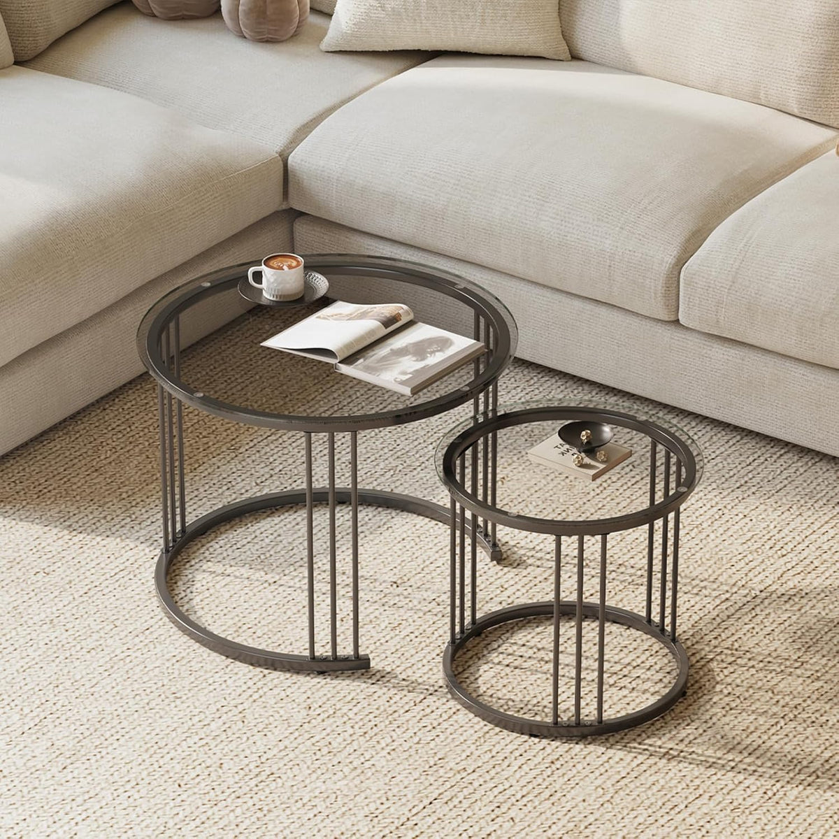 Huhote Round Coffee Tables, Set of 2 End Table, Nesting Tables, Side Table with Metal Frame for Living Room/Bedroom/Balcony/Office/Apartment