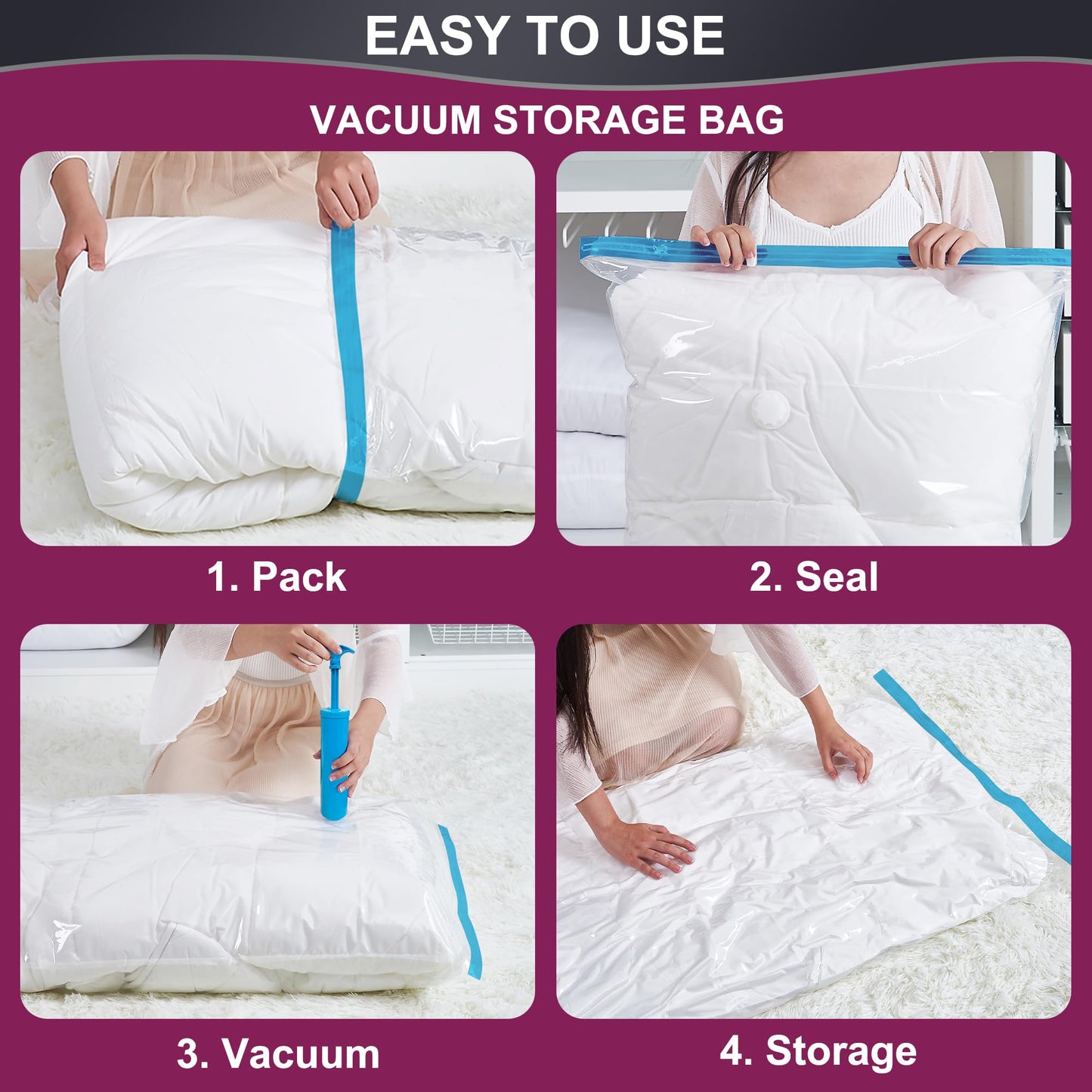 Oumaru Vacuum Storage Bags for Clothes, Vacuum Bags, Space Saver Bags for Clothes, Duvets and Pillows, Hand Pump Included, Pack of 10, Medium Size