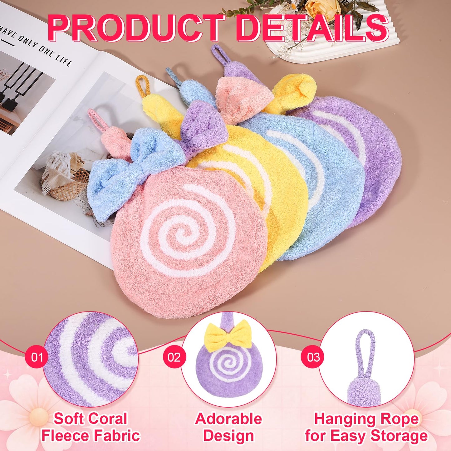 sourcing map Cute Hand Towels, Soft Coral Hanging Hand Towel with Hanging Loop, Lollipop Pattern, Highly Absorbent