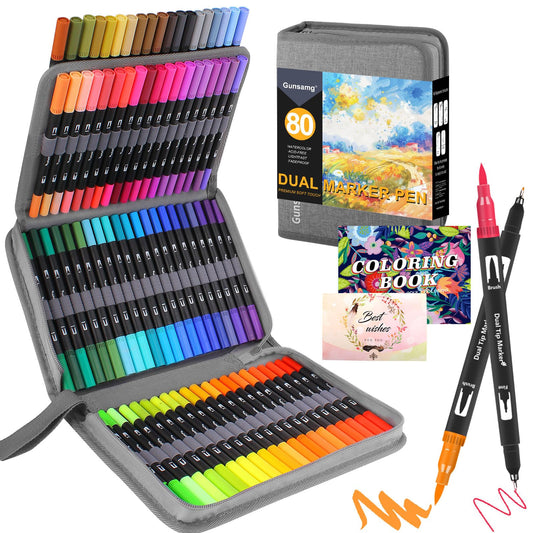 Gunsamg 80 Felt Pens for Painting Sketching Highlighting,Colouring Pens for Adults Coloring Books,Dual Tip Brush Pen Set with Colouring Book and