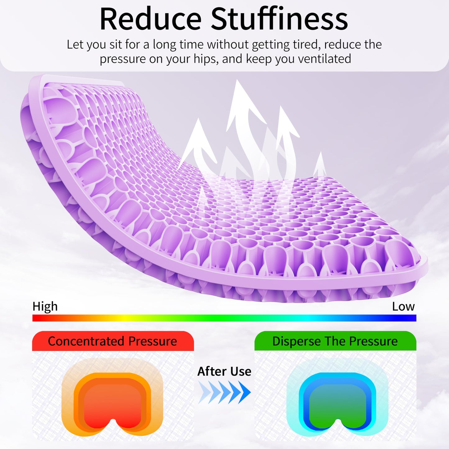 YOYIKKO Gel seat cushion, breathable design gel cushion, relieve back pain pressure, suitable for car office home wheelchair chair kit (violet-94)