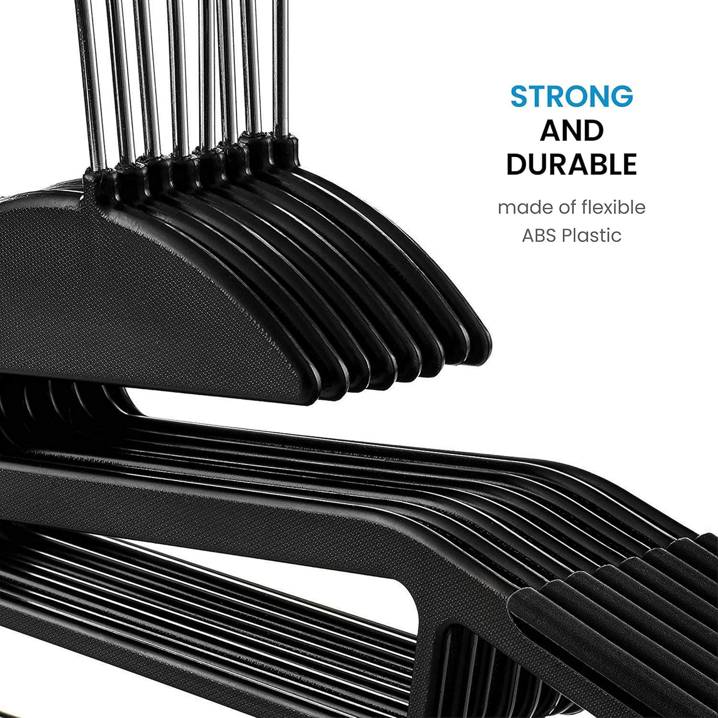 DrySmart Pack of 30 Heavy Duty Black Coat Hangers, 0.5cm Thick, S-Shaped Opening, Non-Slip Plastic Clothes Hanger Space Saving Slim Design