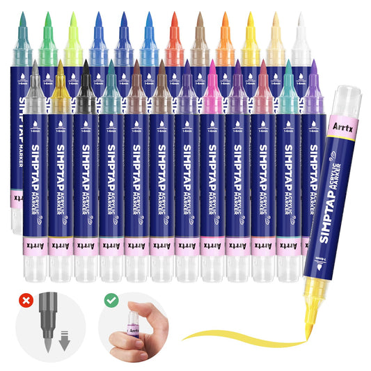Arrtx Top Valve Action Acrylic Marker Pen, 24 Colors Simptap Acrylic Paint Pens, Extra Brush Tip, Water Based Paint Markers for Stone, Glass, Easter
