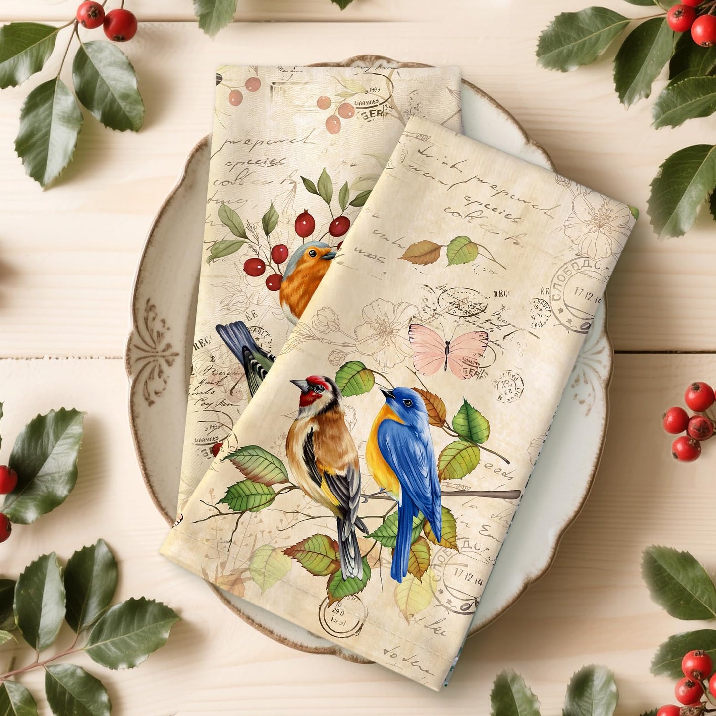 Arquiel Retro Birds Tea Towels, 100% Cotton Kitchen Towels, Set of 4