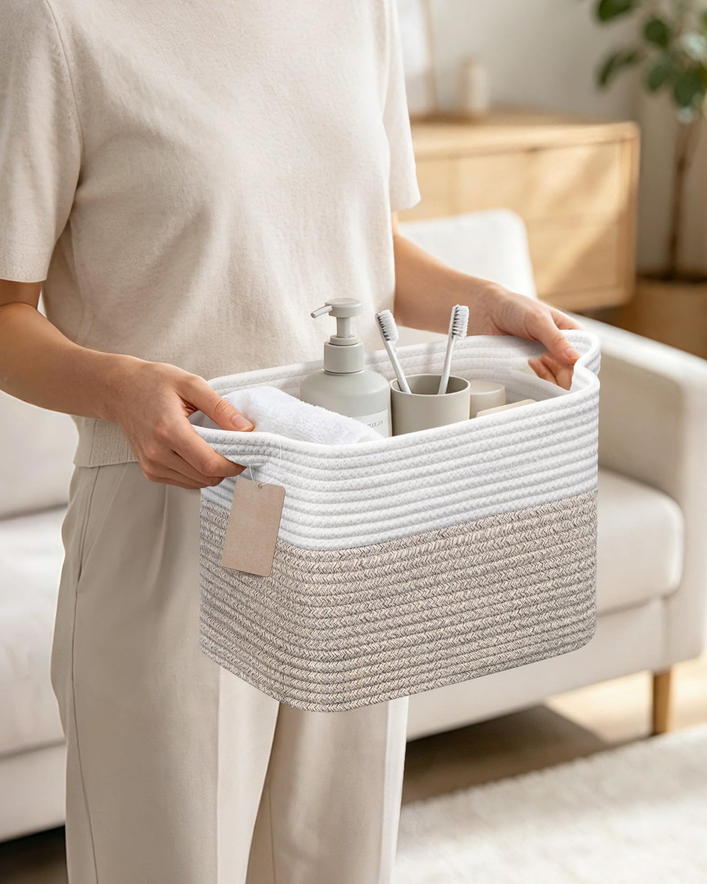 JOJOSEE Small Cotton Rope Woven Storage Basket for Shelves, White&Brown
