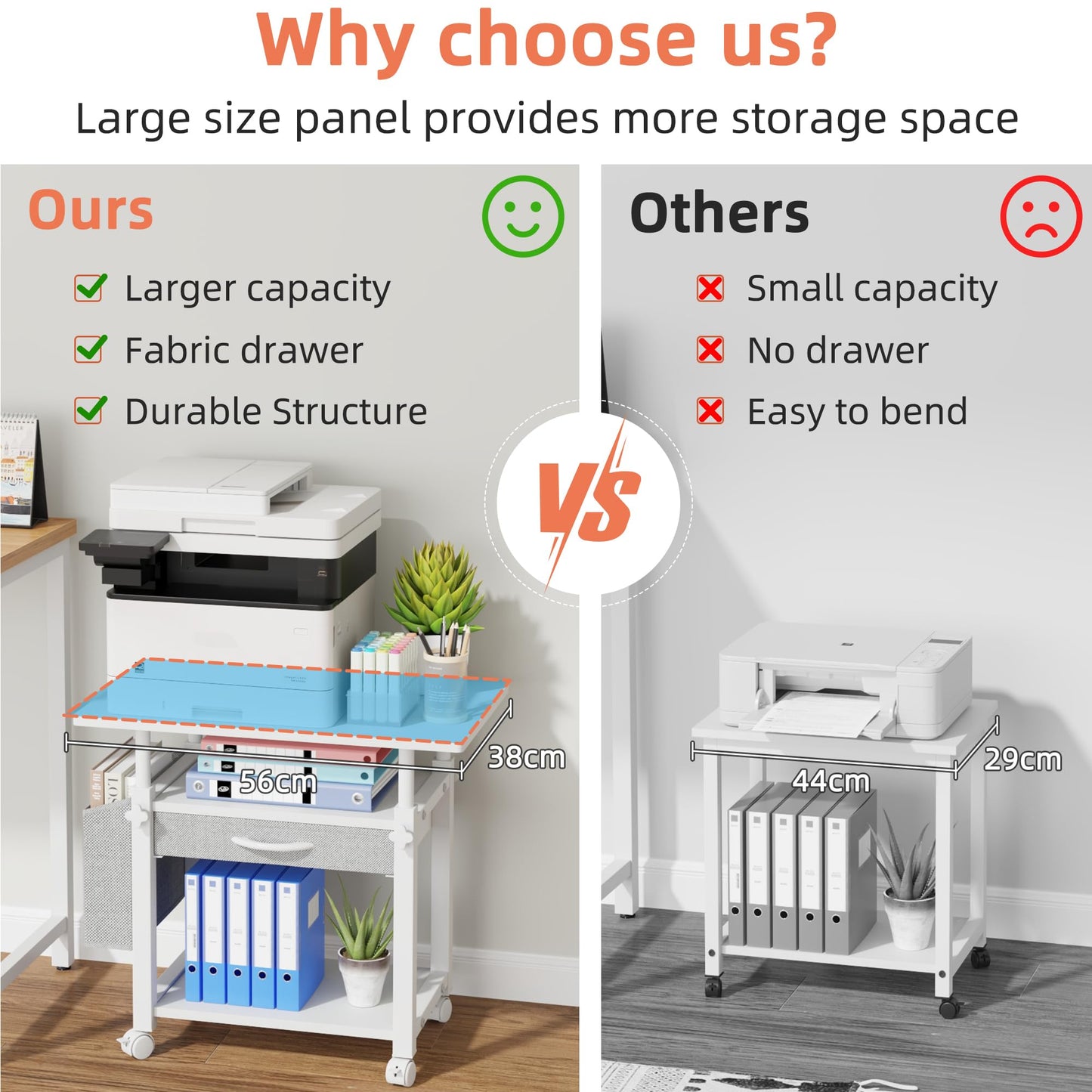 OYRREU 3 Tier Printer Stand on Wheels, Height Adjustable Mobile Table White