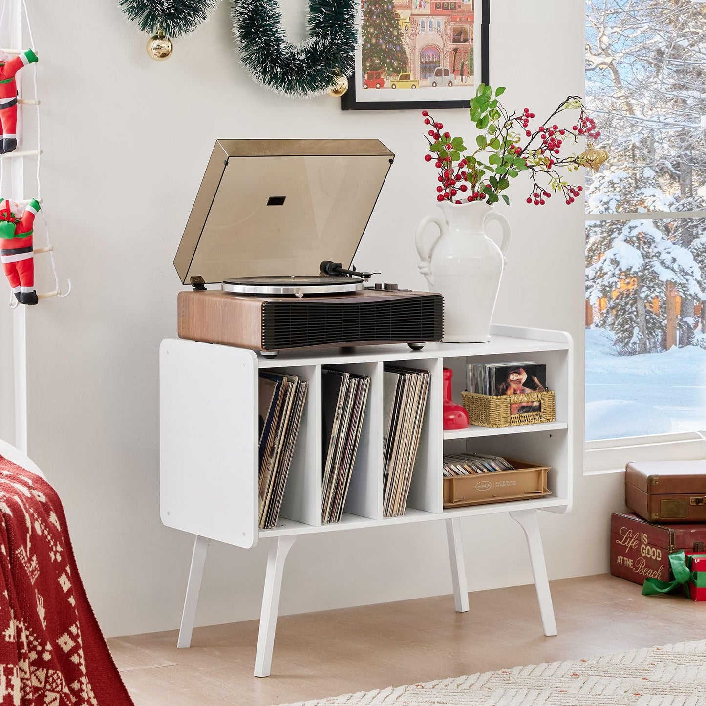 LELELINKY Record Player Stand, 4 Compartments, Holds Up to 220 Records