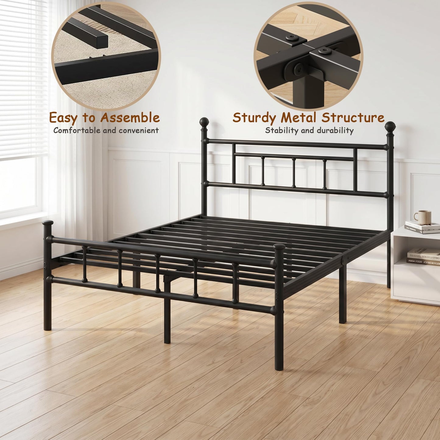 APEXTELLA HOME 3ft Single Bed Frame Black Modern Style with Headboard and Footboard Metal Slat Support and 32cm Underbed Storage Space Noise Free