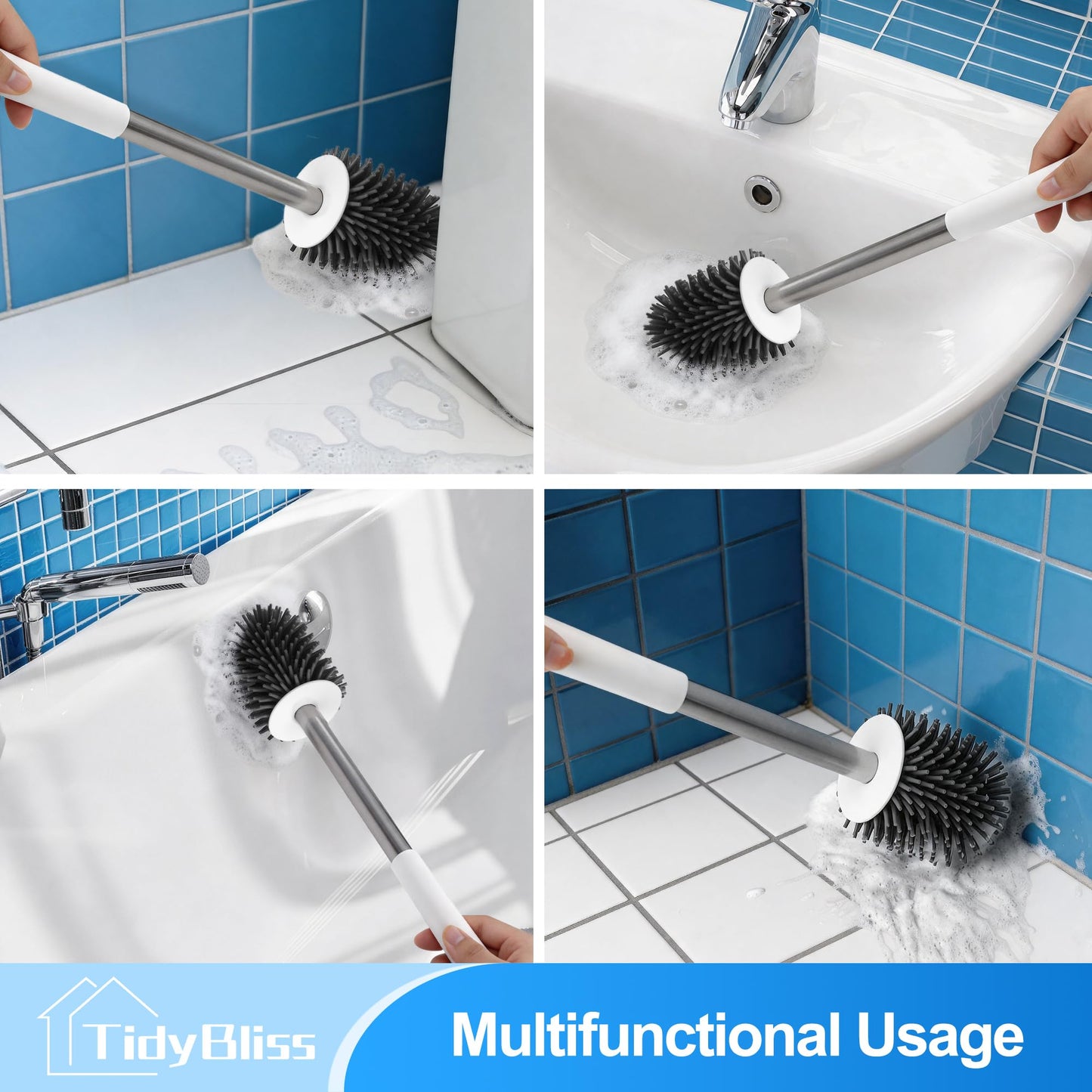 TidyBliss Silicone Toilet Brush and Holder Set, Wall-Mounted Compact Rubber Bathroom Bowl Cleaning Kit with Tweezers for RV Camper Bathtub Sink Wash
