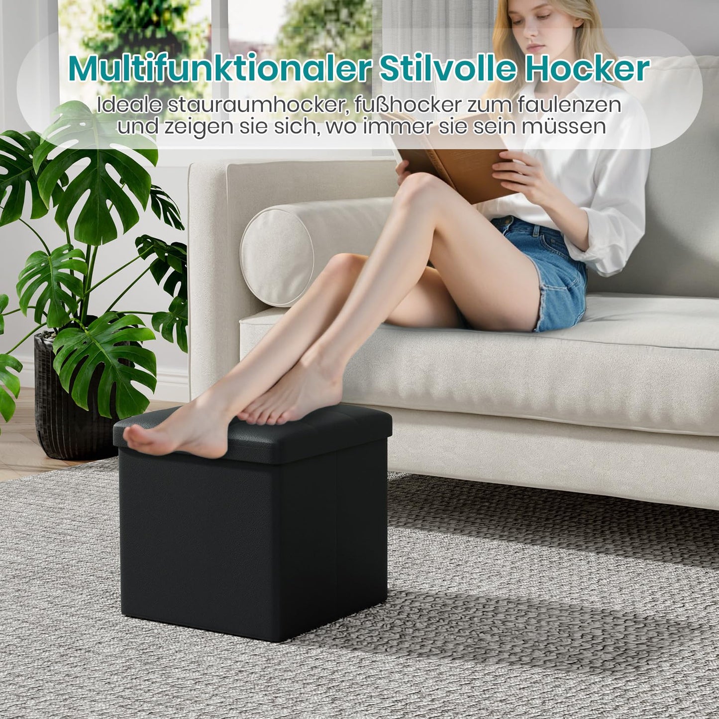 Oak & Tea PU Leather Storage Ottoman, Foldable Seat Stool with Storage, Small Cube Footrest Pouffe, Compact Storage Bench for Living Room, Bedroom