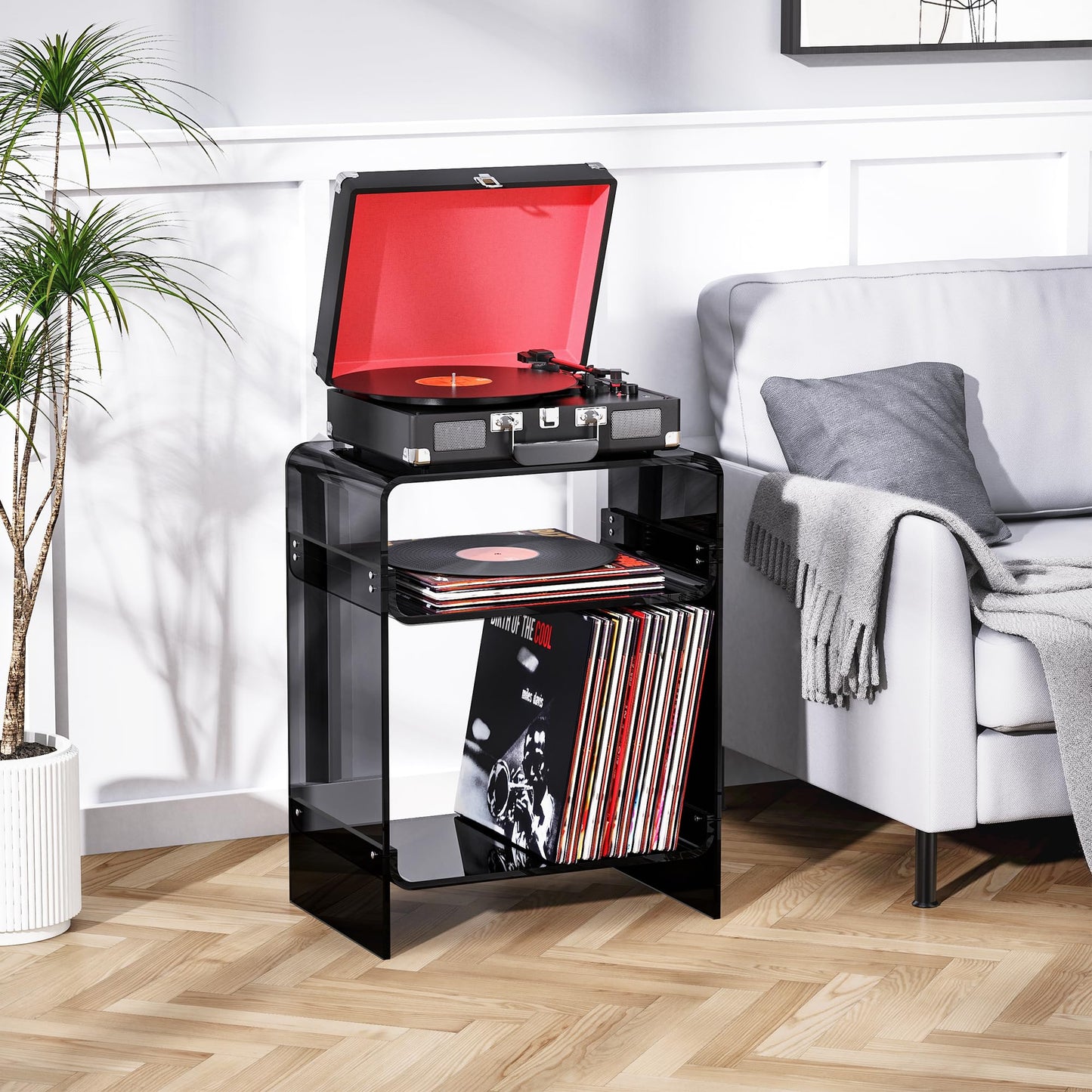 Acrylic Record Player Table with Storage Shelf, Clear Side Table, Nightstand (Black, 45×30×58 cm, Acrylic)