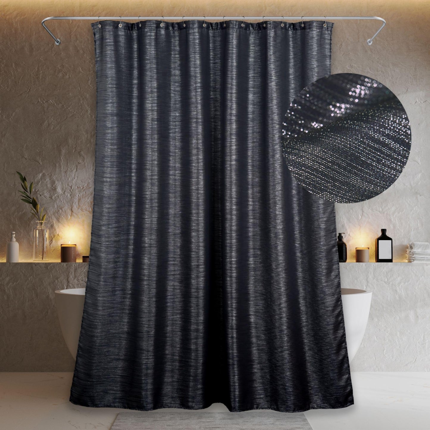 Black Silver Glitter Shower Curtain: Waterproof Washable, 200Lx183W