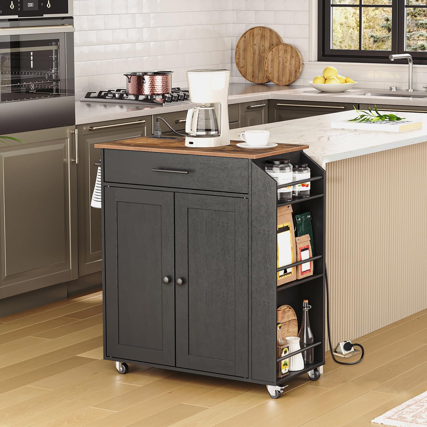 HOOBRO Kitchen Island on Wheels, Rolling Kitchen Island Storage Trolley with Spice Rack and Drawer, with Power Outlet, Utility Serving Cart, for Home