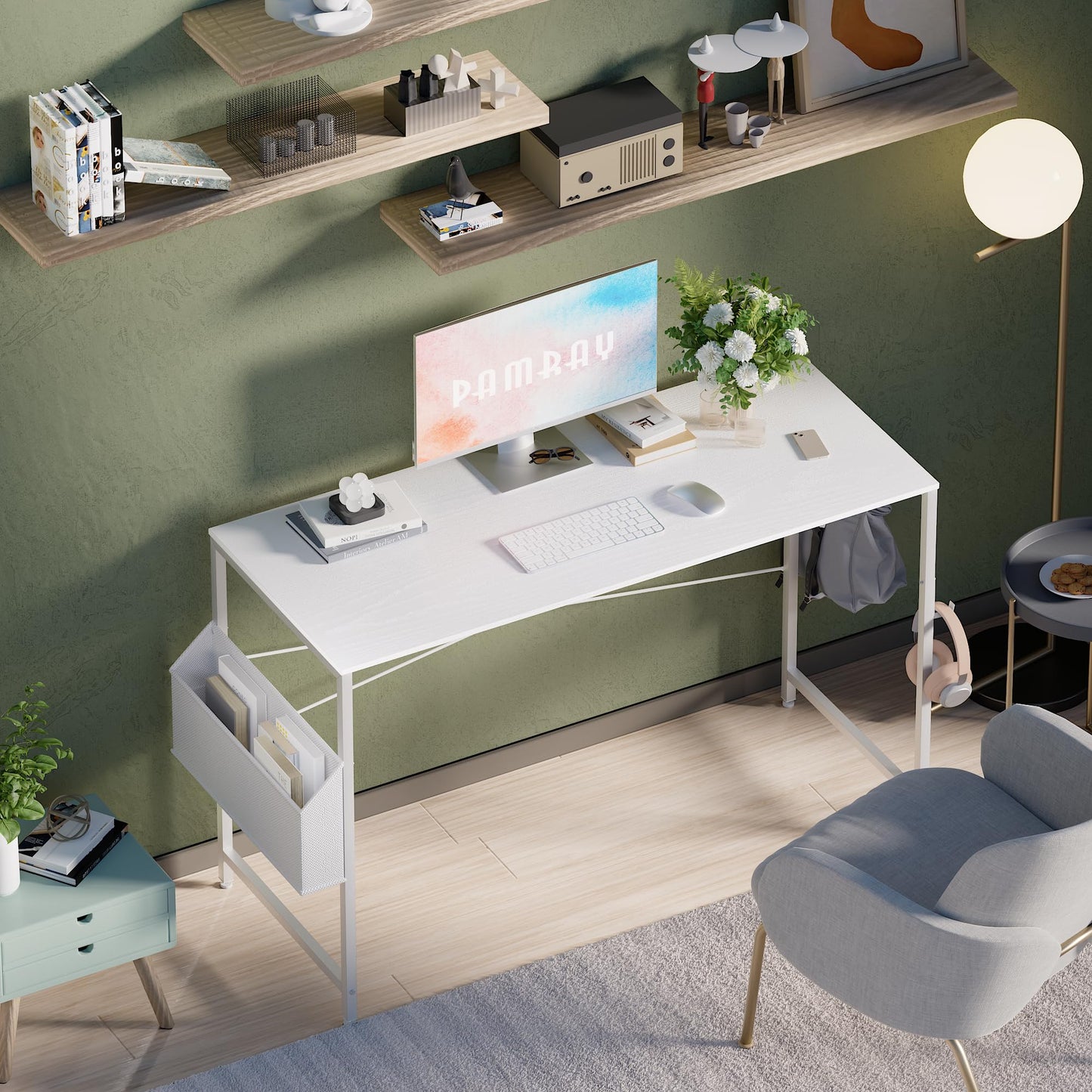 PAMRAY 120x50cm Computer Desk for Small Spaces with Storage Bag, Home Office Work Desk with Headphone Hook, Small Office Study Writing Table， White