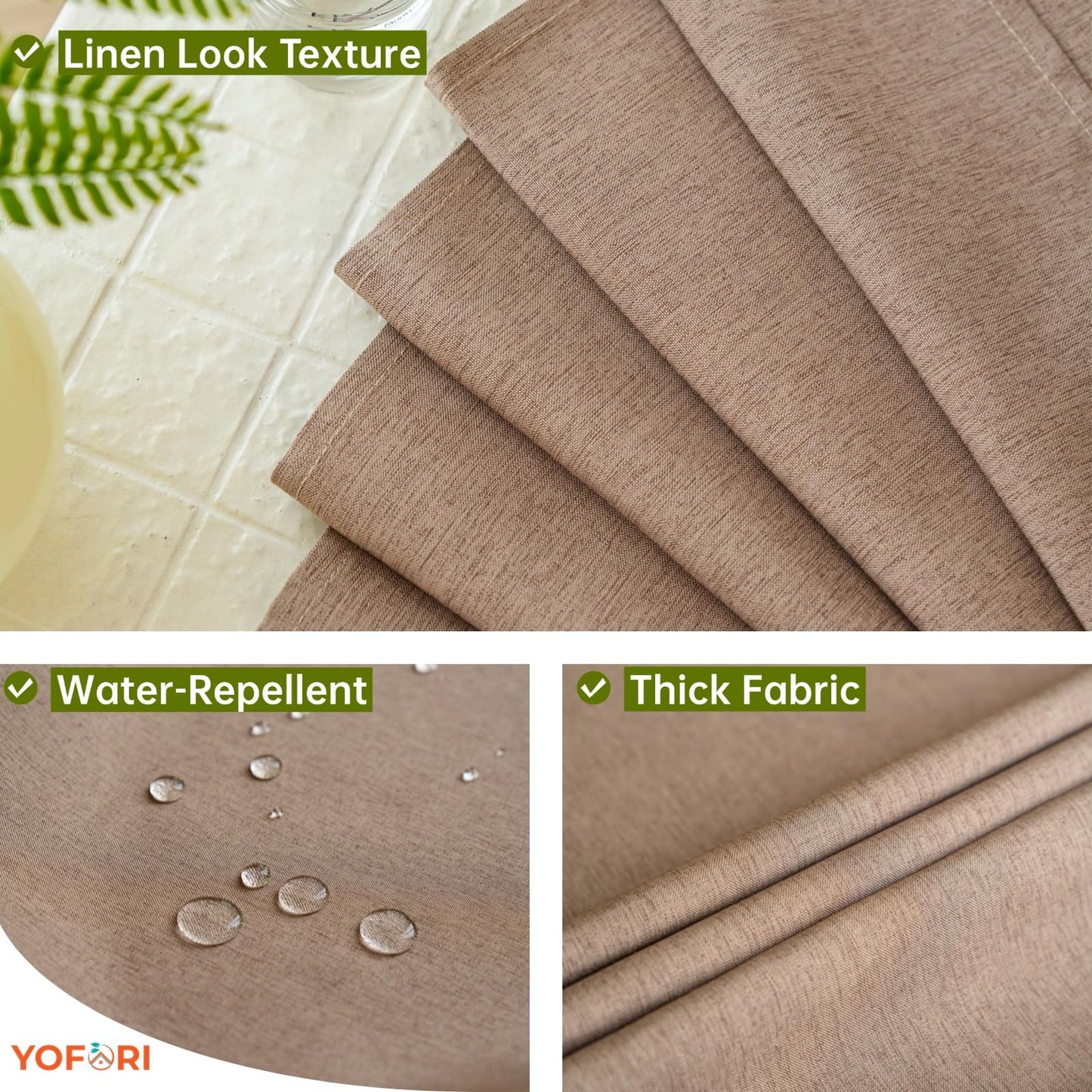Yofori Khaki Shower Curtain for Bathroom, Fabric Shower Curtains Faux Linen Polyester Wet Room Shower Curtains Sets with Metal Hooks, 183x183cm
