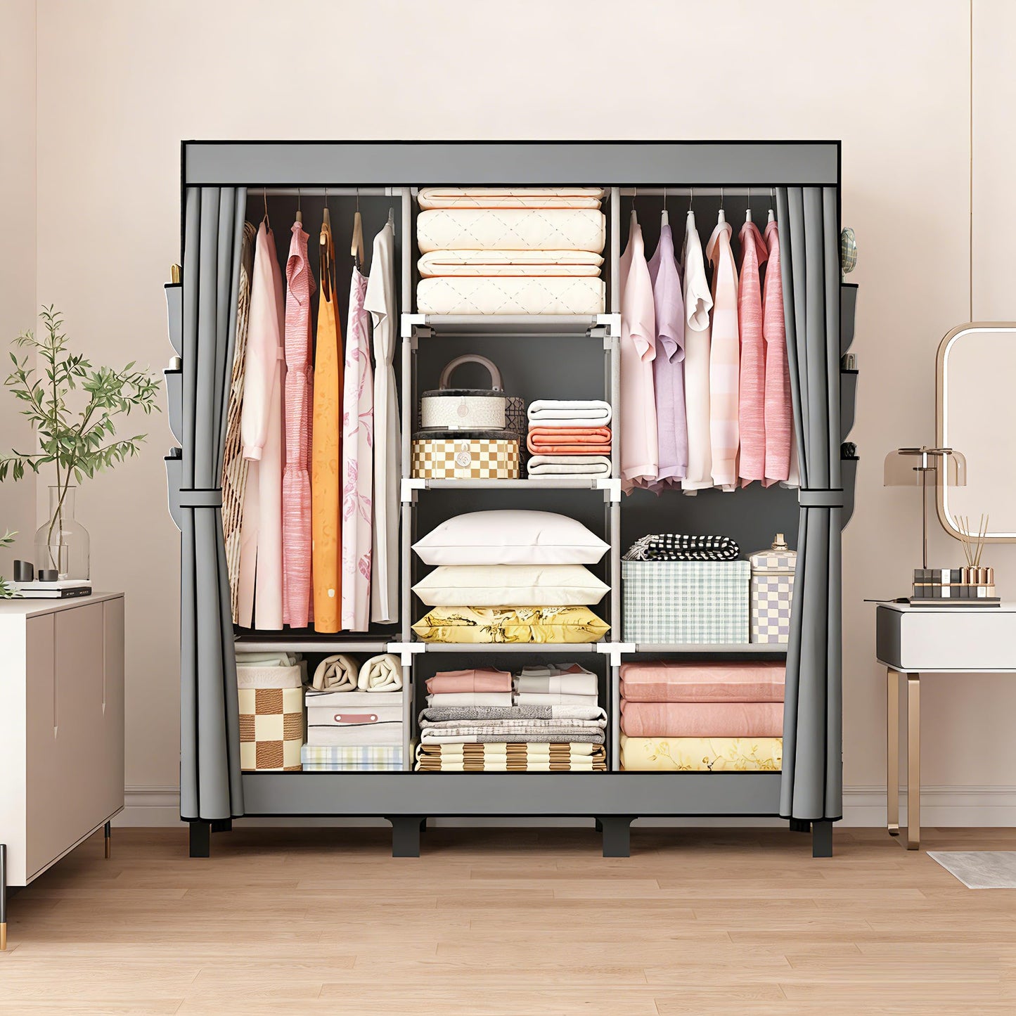 lishbie Portable Fabric Wardrobe,130x45x172cm Foldable Storage Closet