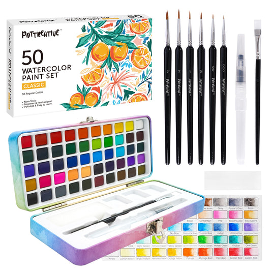 POTTREATIVE Watercolor Paint Set 50 Colors with Portable Case Non-Toxic Travel Watercolor Set Includes Paint Brushes and Palette for Artists, Painting