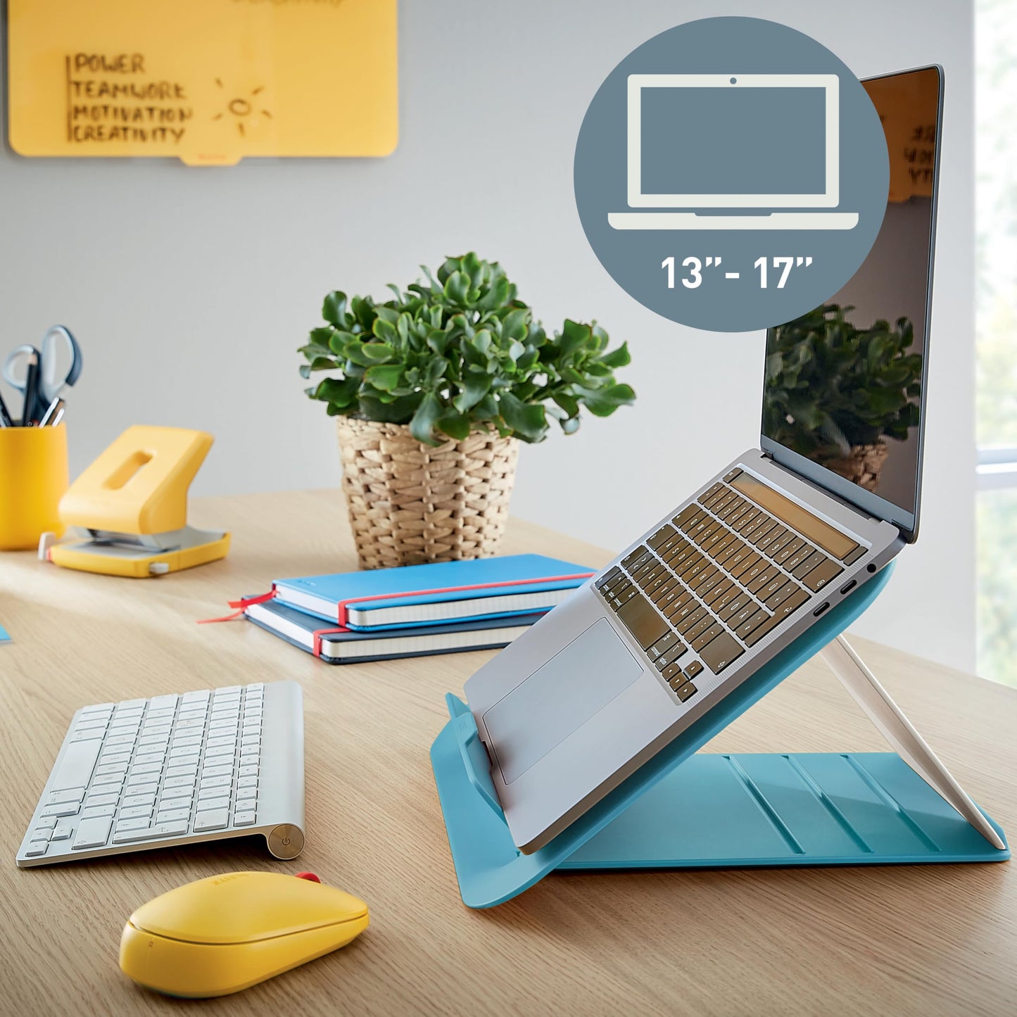 Leitz Adjustable Laptop Stand, Compact Laptop Holder With 4 Height Settings, 80% Recycled Plastic & 100% Recycable, Ergo Cosy Range, Calm Blue