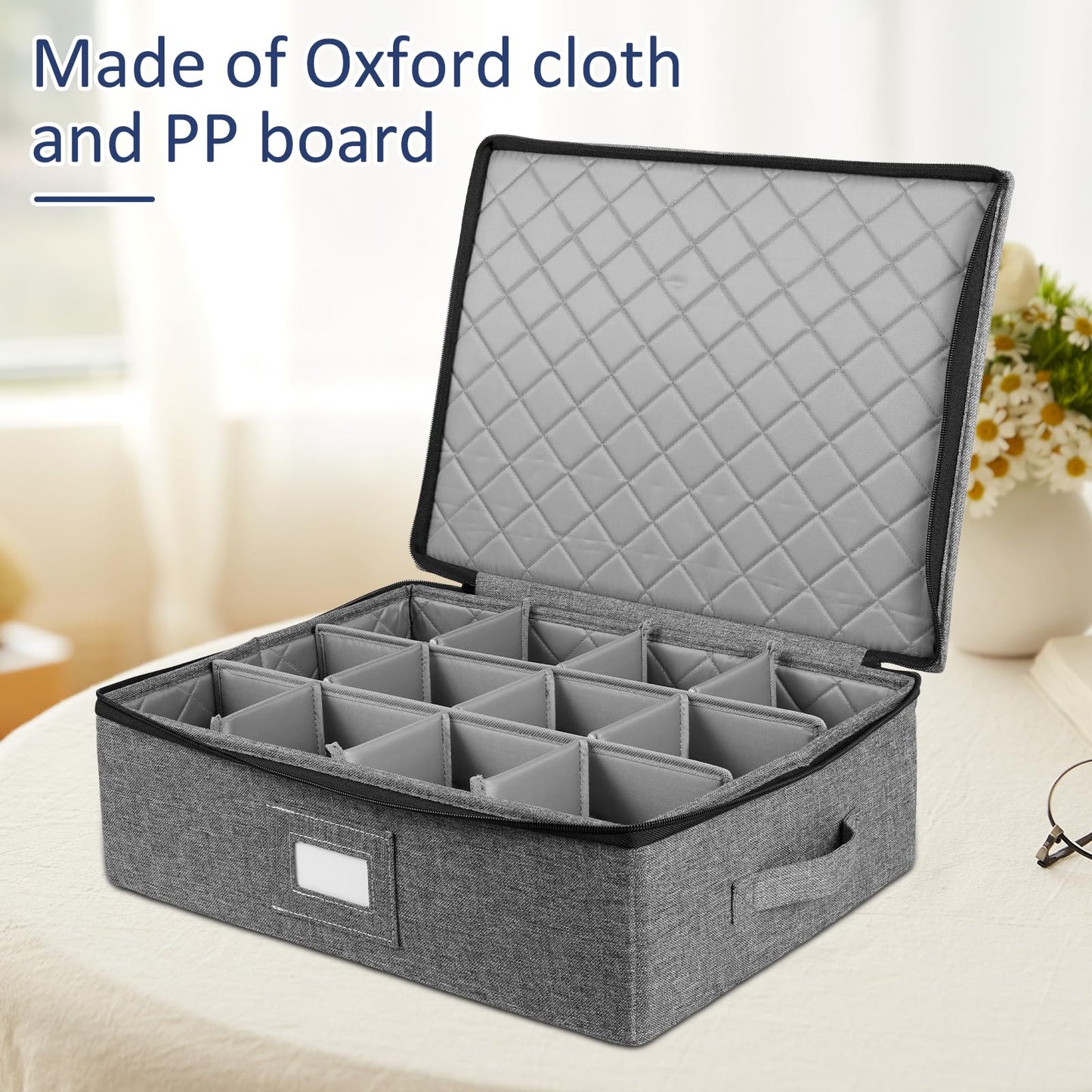 GWCYMYD Cup and Mug Storage Box with Dividers, Foldable Tea Cup Storage Box with Handles and Zipper Lid, Holds 12 Glassware Cups for Moving, Packing