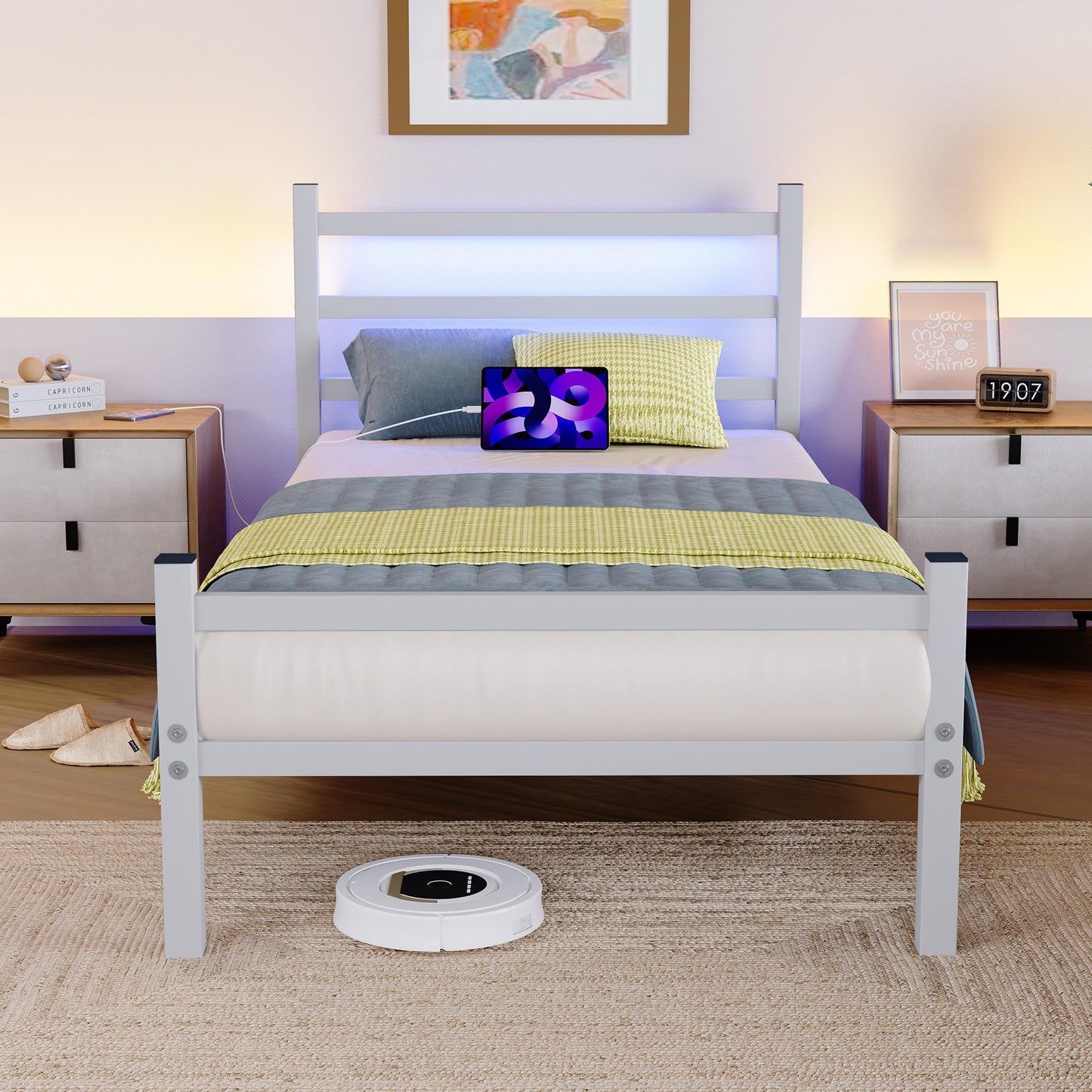 BORPHOM 3ft Single Bed Frame with Headboard & LED Lights,Heavy Duty Metal Platform Bed Frame with Charging Station,Mattress Base/Strong Steel Slats