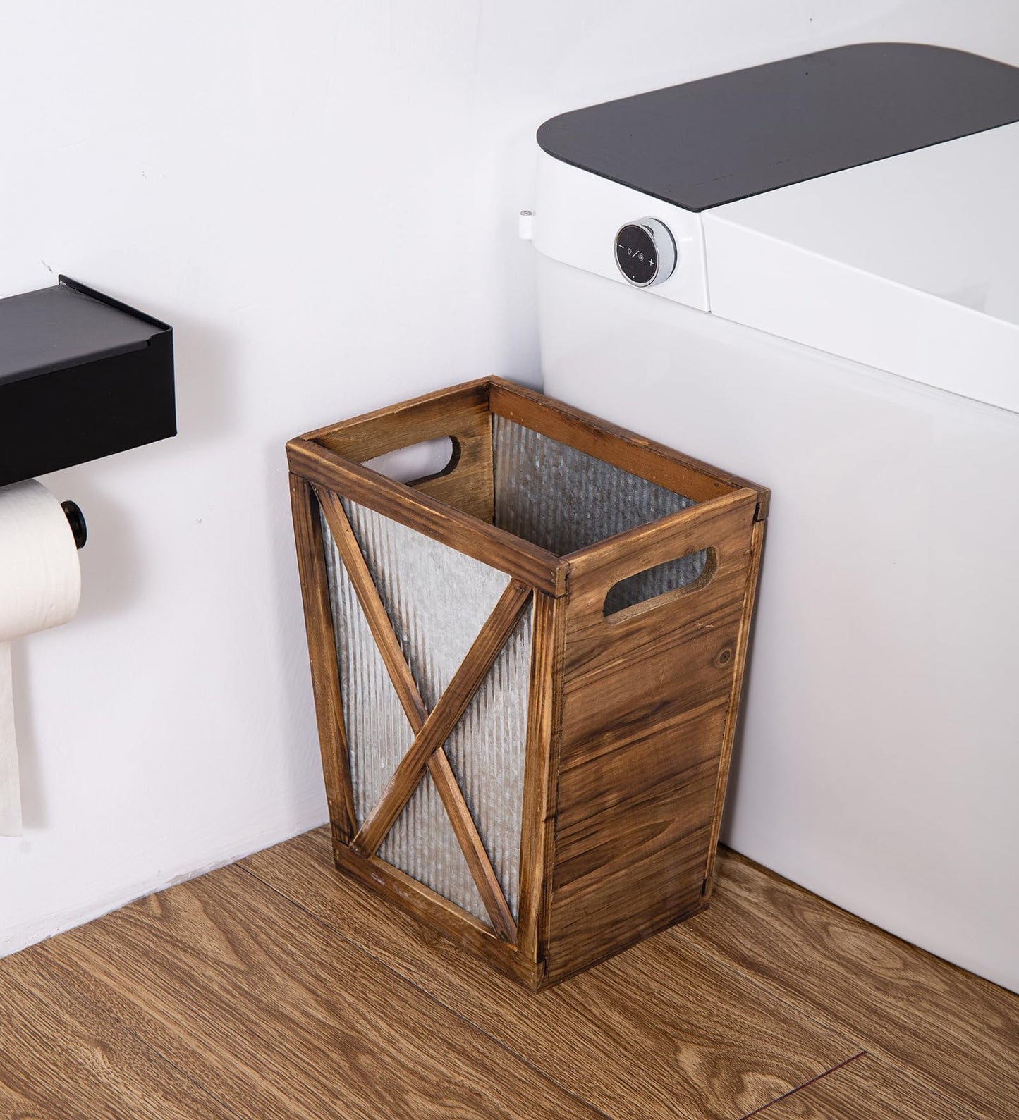 Venalys Small Wood Trash Can Wastebasket, Decorative Barn Door Garbage Can Waste Basket, Rustic Distressed Rectangular Trash Bin