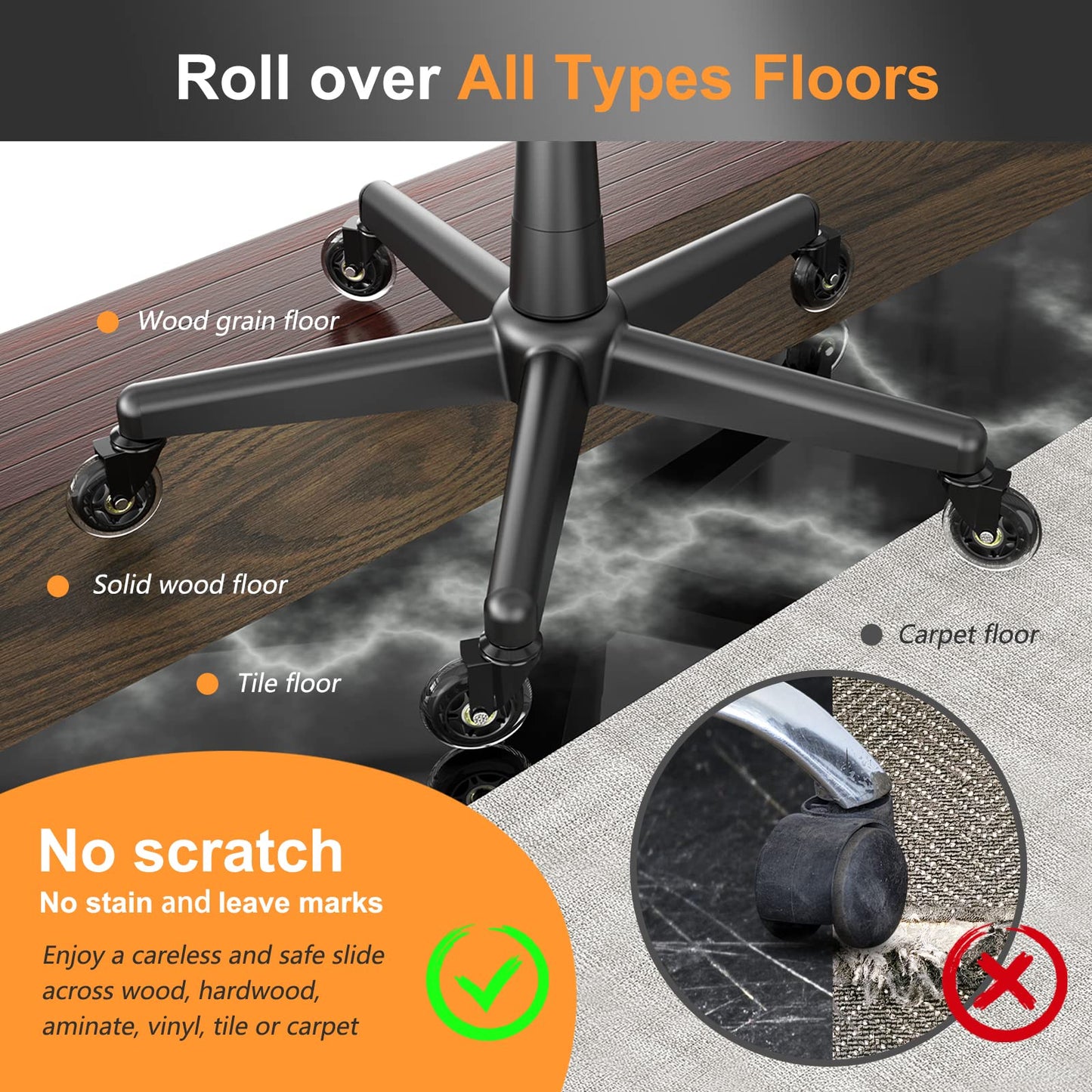 Soontrans Office Chair Wheels 10mm Stem, Compatible with IKEA Chairs, 3/8 Replacement Rubber Chair Casters, Set of 5