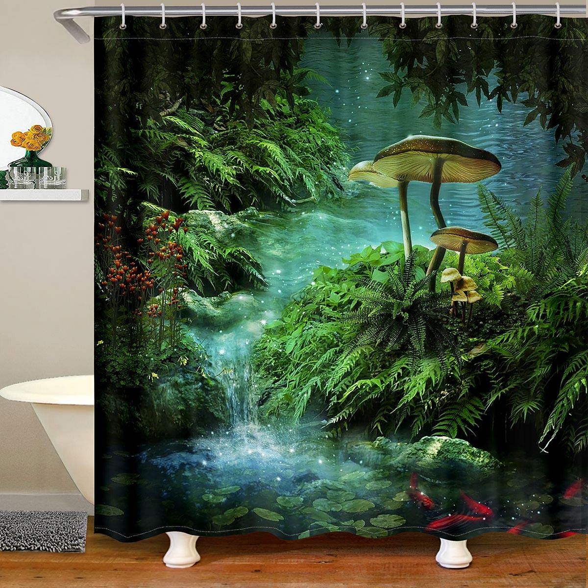 Loussiesd Mushrooms Shower Curtain Botanical Plants Bath Curtain Red Fishes Bathroom Shower Curtain Set for Stalls Bathtubs Bright Vibrant Fantasy