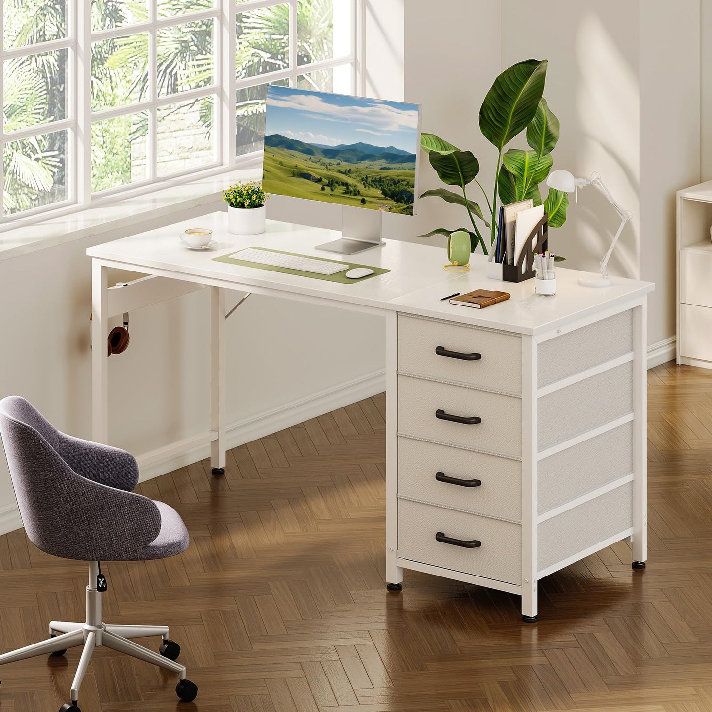 ODK Computer Desk with Drawers, Reversible Office Desk, 120 x 48 cm, White