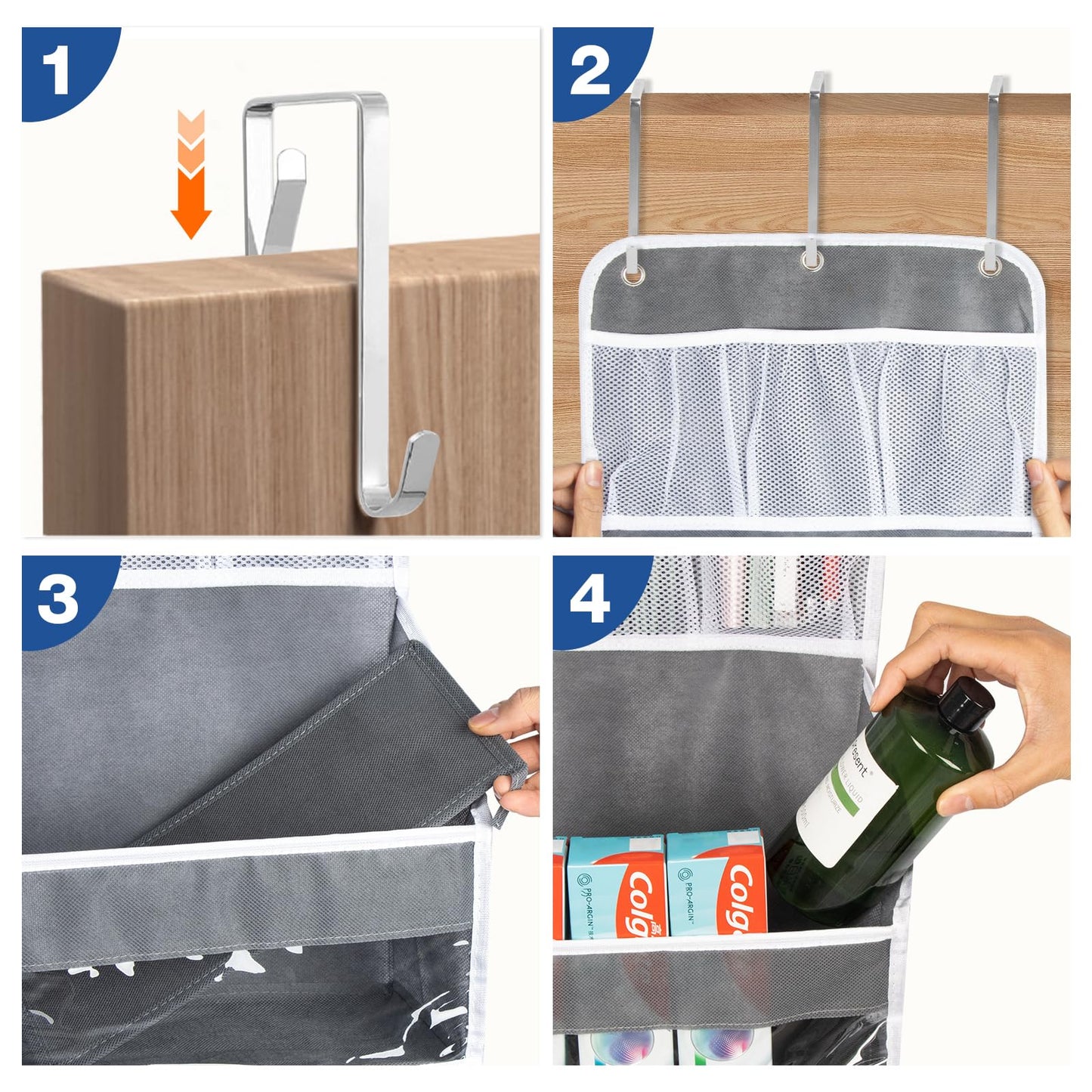 HONZUEN Over Door Hanging Organiser, Back of the Door Storage with 5 Large Shelves & 3 Mesh Pockets, Transparent Windows, Reinforced Hooks