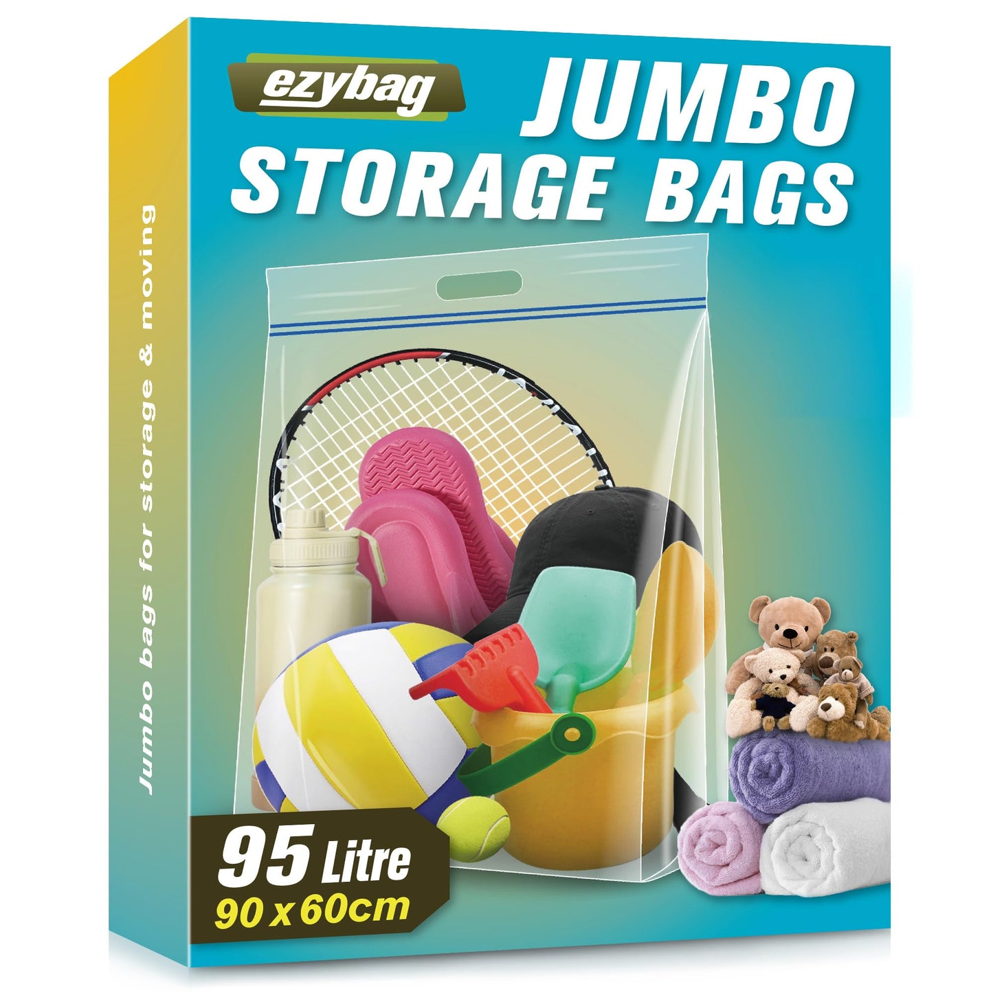 Ezybag 95 Litre Jumbo Storage Bags, Resealable Clear Bags with Handle, Extra Large XL Heavy Duty Storage Bags for Pillows Clothes Travel Moving