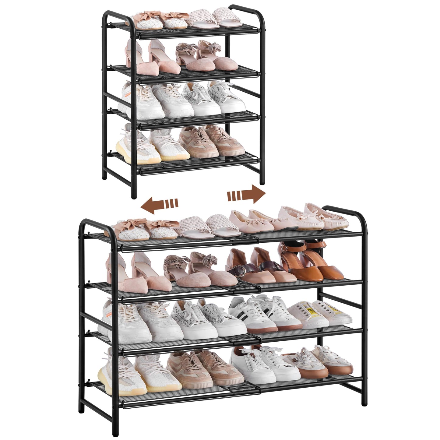 Yaheetech 4 Tier Extendable Shoe Rack with Mesh Shelf, Adjustable Shoe Organiser for Closet, Tool-Free Assembly, Stable Construction